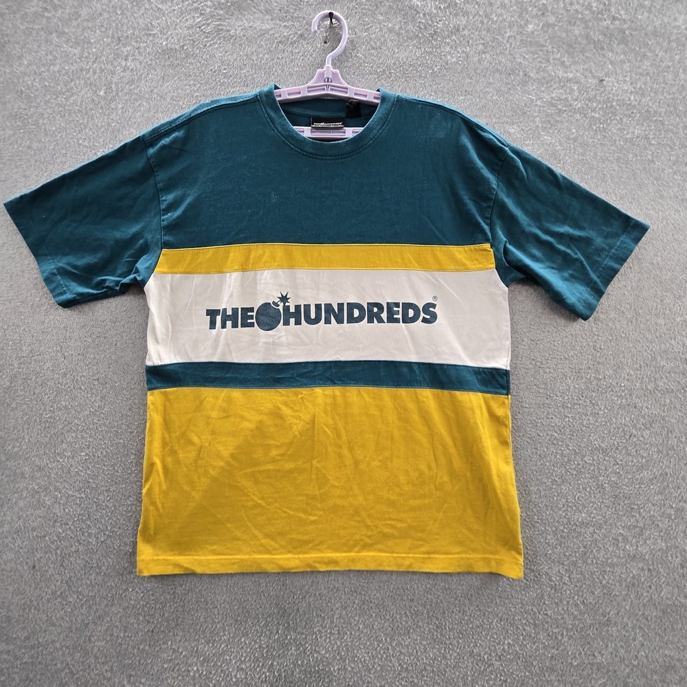 The Hundreds Men‎ Shirt L Teal Striped Logo Spellout Short Sleeve